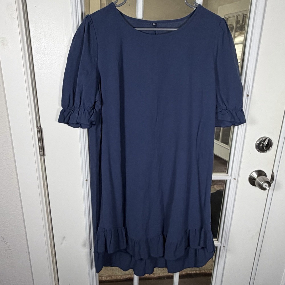 Navy Blue Ruffled Hem Mini Dress XXL Cotton Casual Gauze